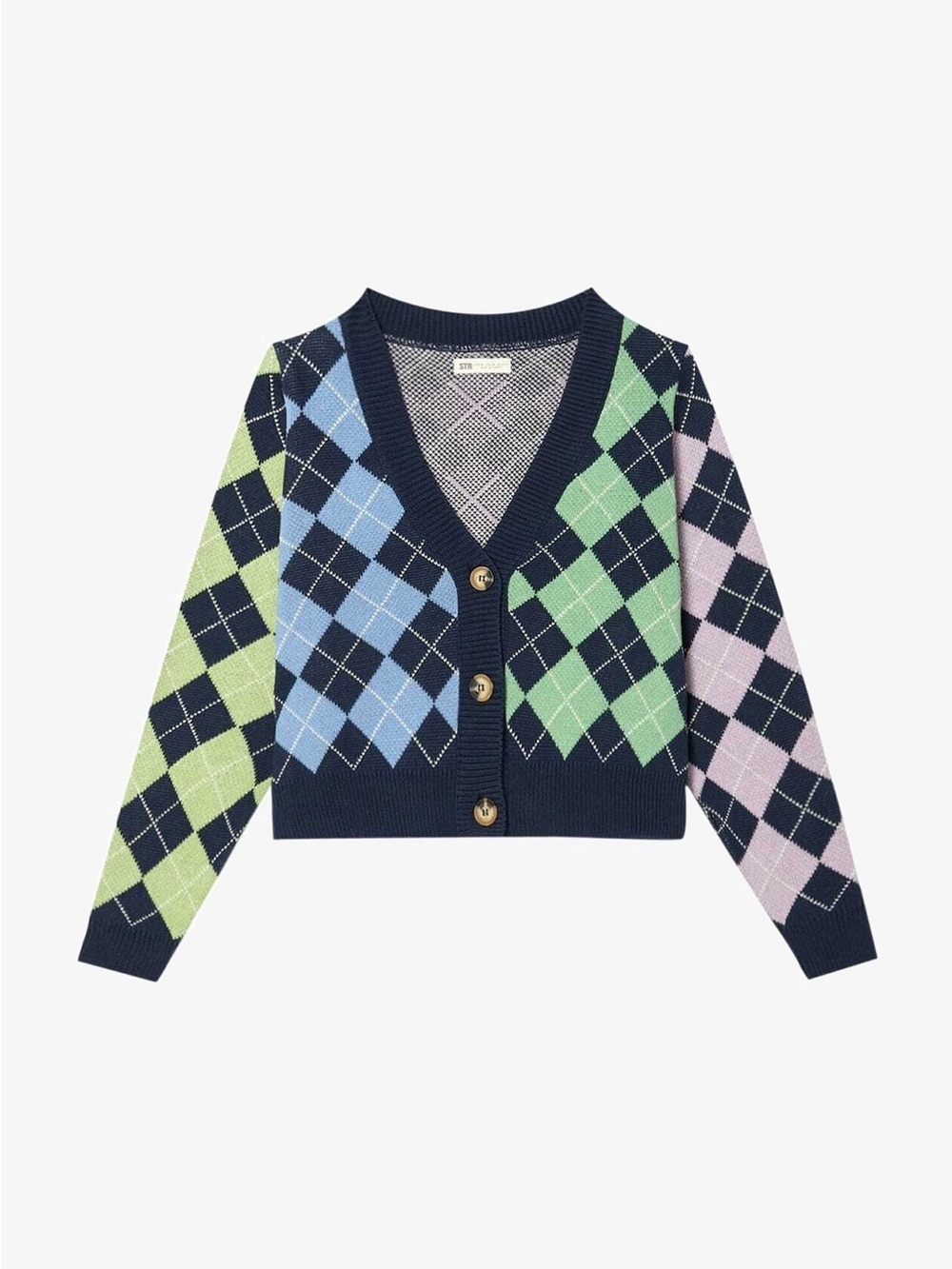 Stradivarius Patchwork Color-Block Argyle Cropped Cotton Cardigan Small